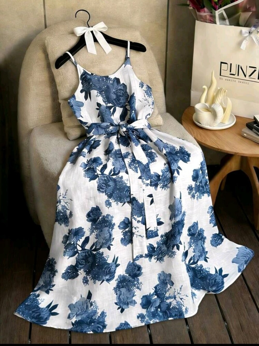 BRAND NEW ** Beautiful Blue Floral Midi Dress with Spaghetti Straps